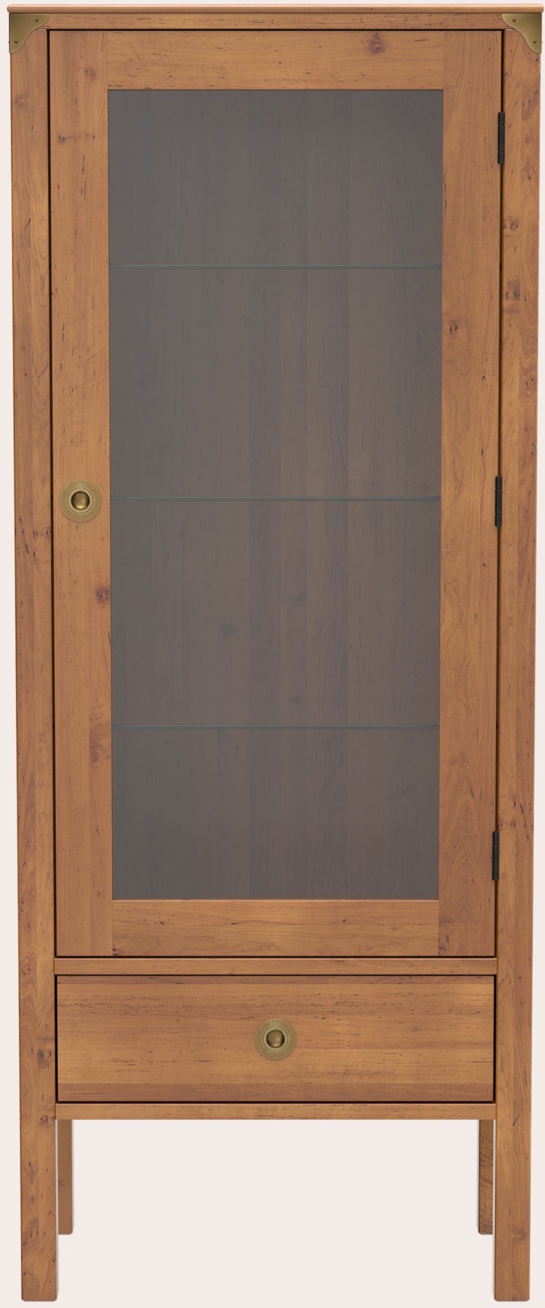 Laura Ashley honey coloured 1 door 1 drawer display cabinet from the Balmoral collection features glass front door, 1 lower drawer with brass handle and brass corner brackets to the top frame