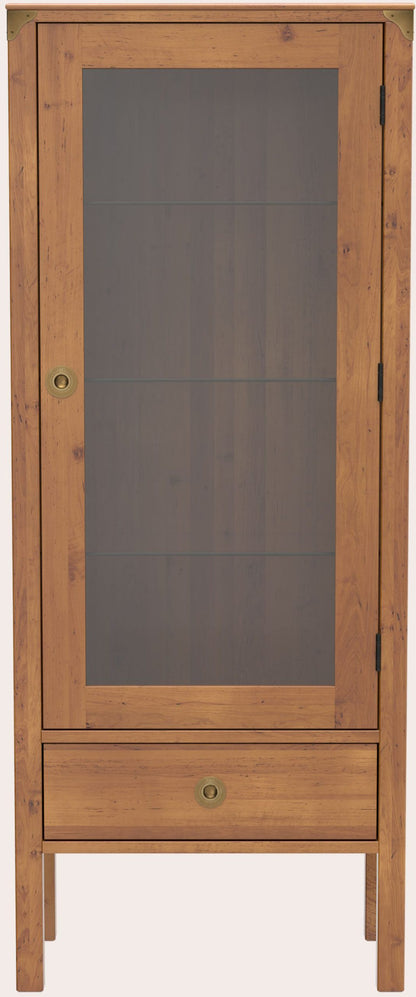 Laura Ashley honey coloured 1 door 1 drawer display cabinet from the Balmoral collection features glass front door, 1 lower drawer with brass handle and brass corner brackets to the top frame