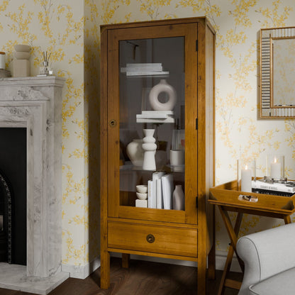 Laura Ashley Balmoral 1 Door 1 Drawer Display Unit in Honey features a glass panelled door, 3 glass shelves and a lower storage drawer with brass handles