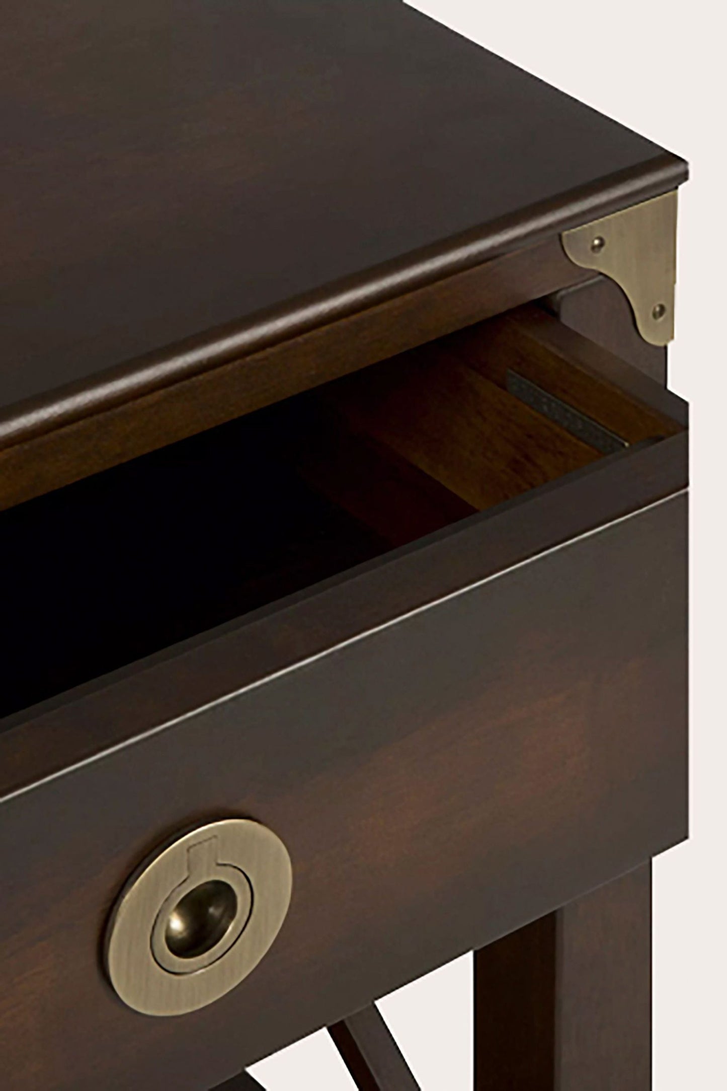 Laura Ashley 1 Drawer Side Table in Chestnut from the Balmoral collection features a storage drawer with brass handles and corner brackets