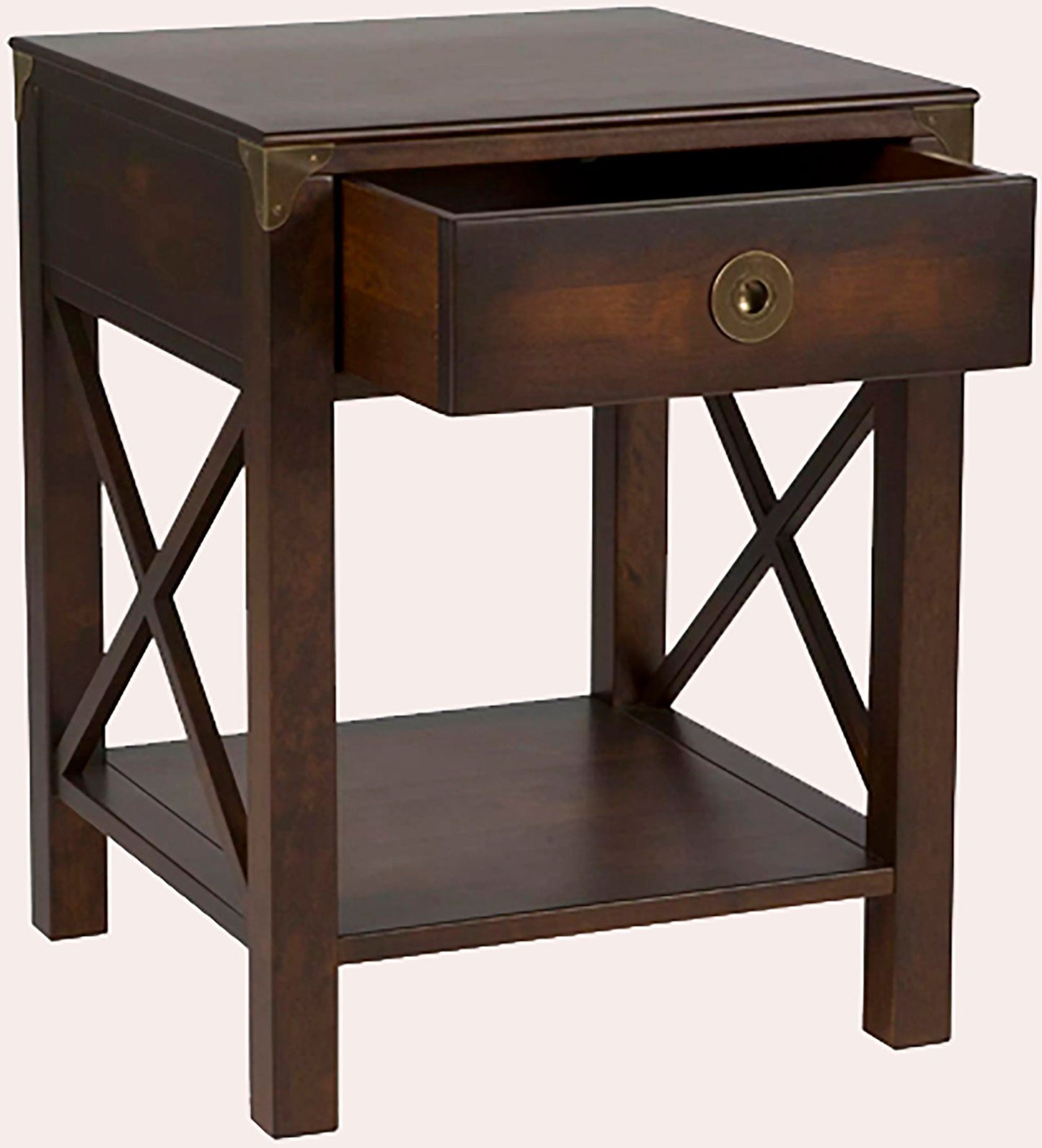 Laura Ashley Balmoral 1 Drawer Side Table in Chestnut birch wood features 1 top drawer with brass handle, cross frame side detailing and a lower open shelf
