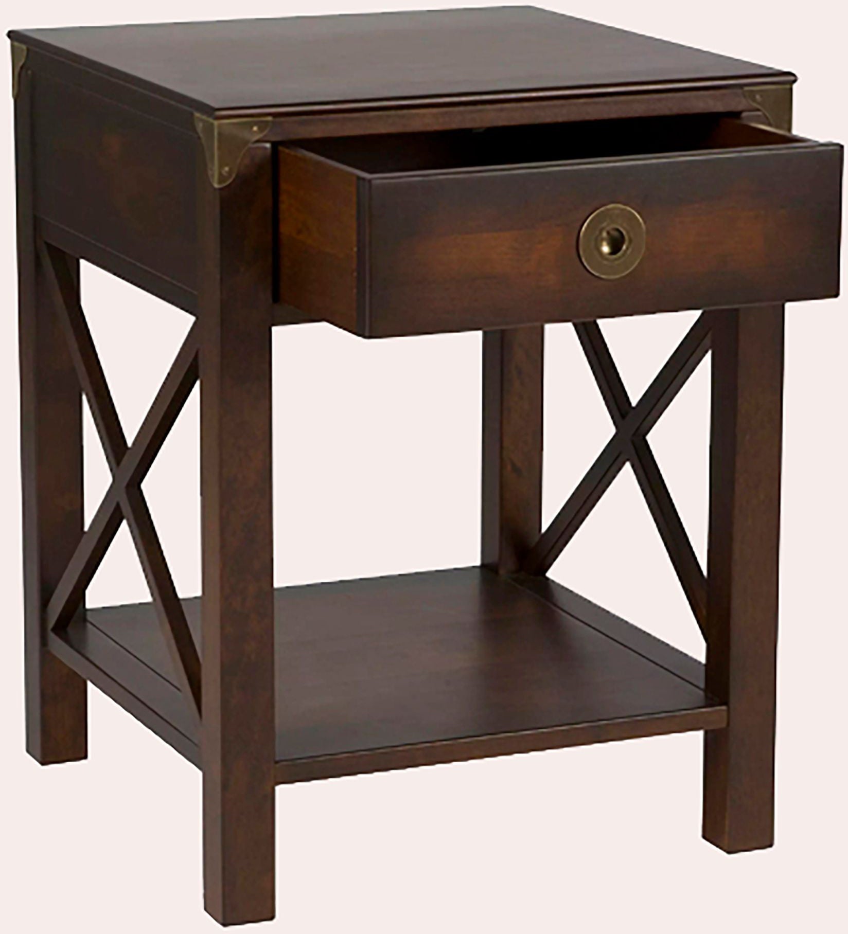 Laura Ashley Balmoral 1 Drawer Side Table in Chestnut birch wood features 1 top drawer with brass handle, cross frame side detailing and a lower open shelf