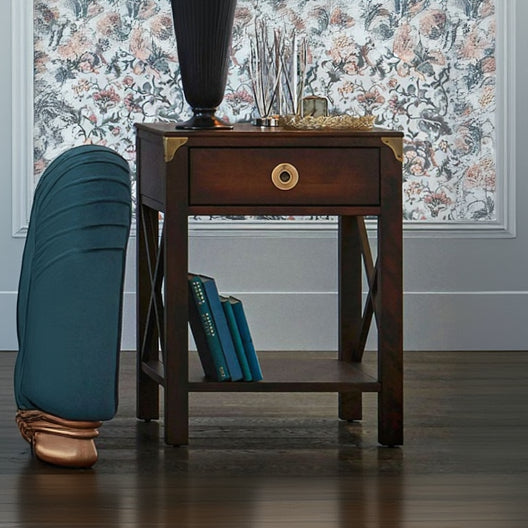 Laura Ashley Balmoral 1 Drawer Side Table in Chestnut coloured birch wood with brass hardware, 1 drawer, 1 lower open shelf and cross framed side detailing