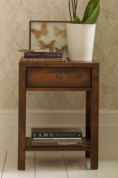 Laura Ashley Balmoral 1 Drawer Side Table in a deep Chestnut coloured birch wood features 1 storage drawer, a lower open shelf and has brass hardware