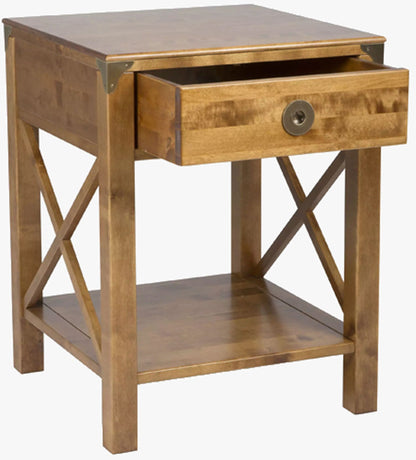 Laura Ashley Balmoral 1 Drawer Side Table in Honey with cross frame side design, 1 drawer and open shelving, with brass effect hardware