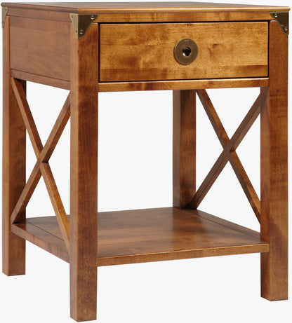 Laura Ashley Balmoral 1 Drawer Side Table in Honey birch wood, with open shelving and cross frame side detail and brass hardware