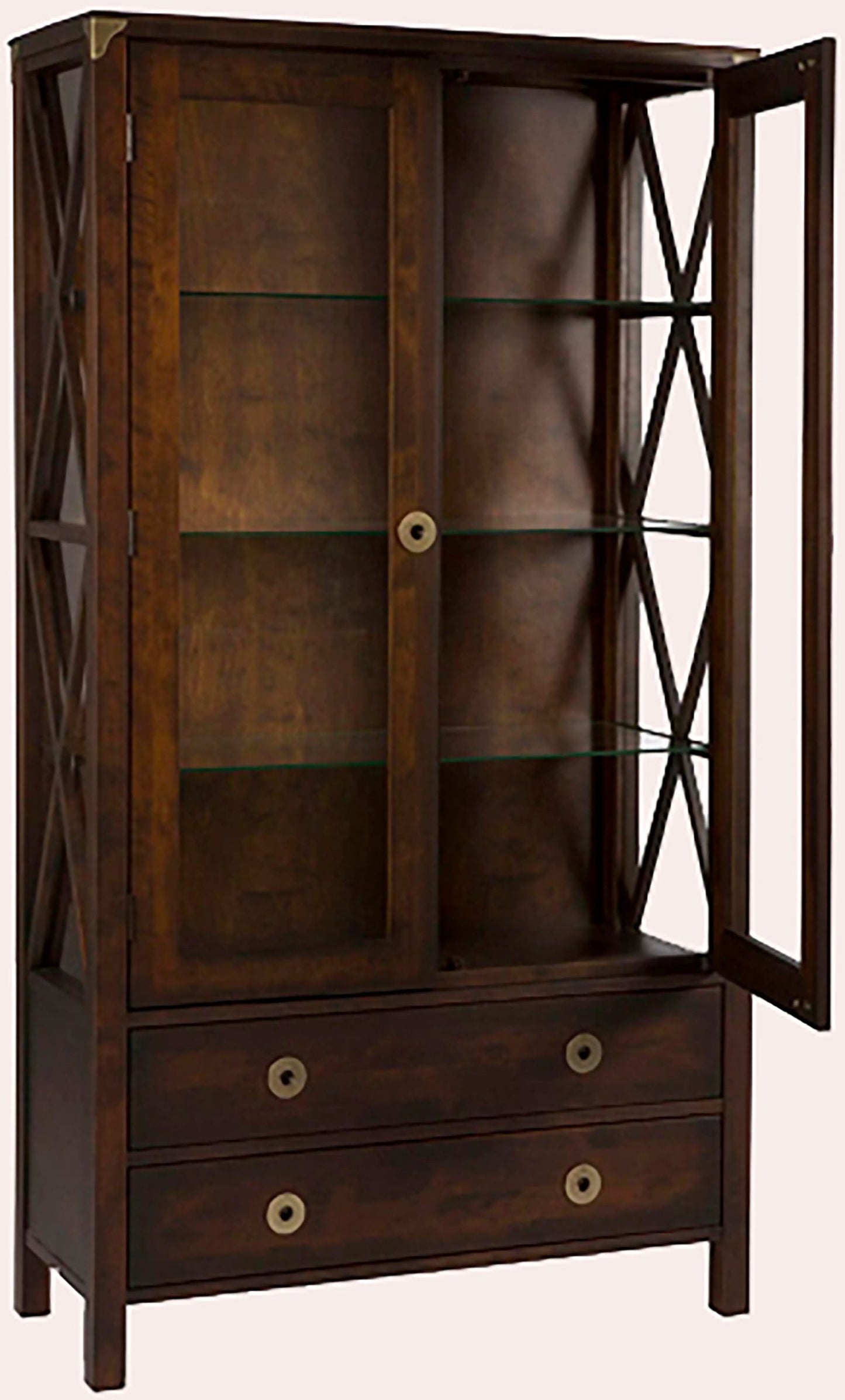 Laura Ashley Balmoral 2 Door 2 Drawer Display Unit in Chestnut features 3 glass shelves, glass panelled doors and cross frame side detail, plus 2 lower storage drawers and brass detailing to the handles and corner brackets