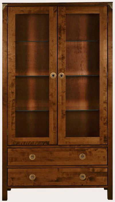 Laura Ashley Balmoral 2 Door 2 Drawer Display Unit in Chestnut birch wood with glass front doors, glass internal shelves and 2 lower storage drawers with brass handles