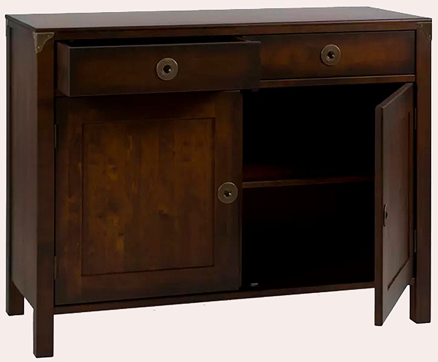 Laura Ashley Balmoral 2 Door 2 Drawer Sideboard in Chestnut birch wood features two spacious top drawers and cupboard with internal shelving, complemented with brass effect hardware