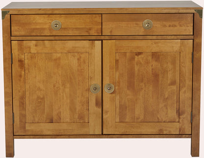 Laura Ashley 2 Door 2 Drawer Sideboard in Honey from the Balmoral collection features two top drawers with brass handles and two cupboard doors with brass handles, surrounded by a birch wood frame with brass corner bracket details