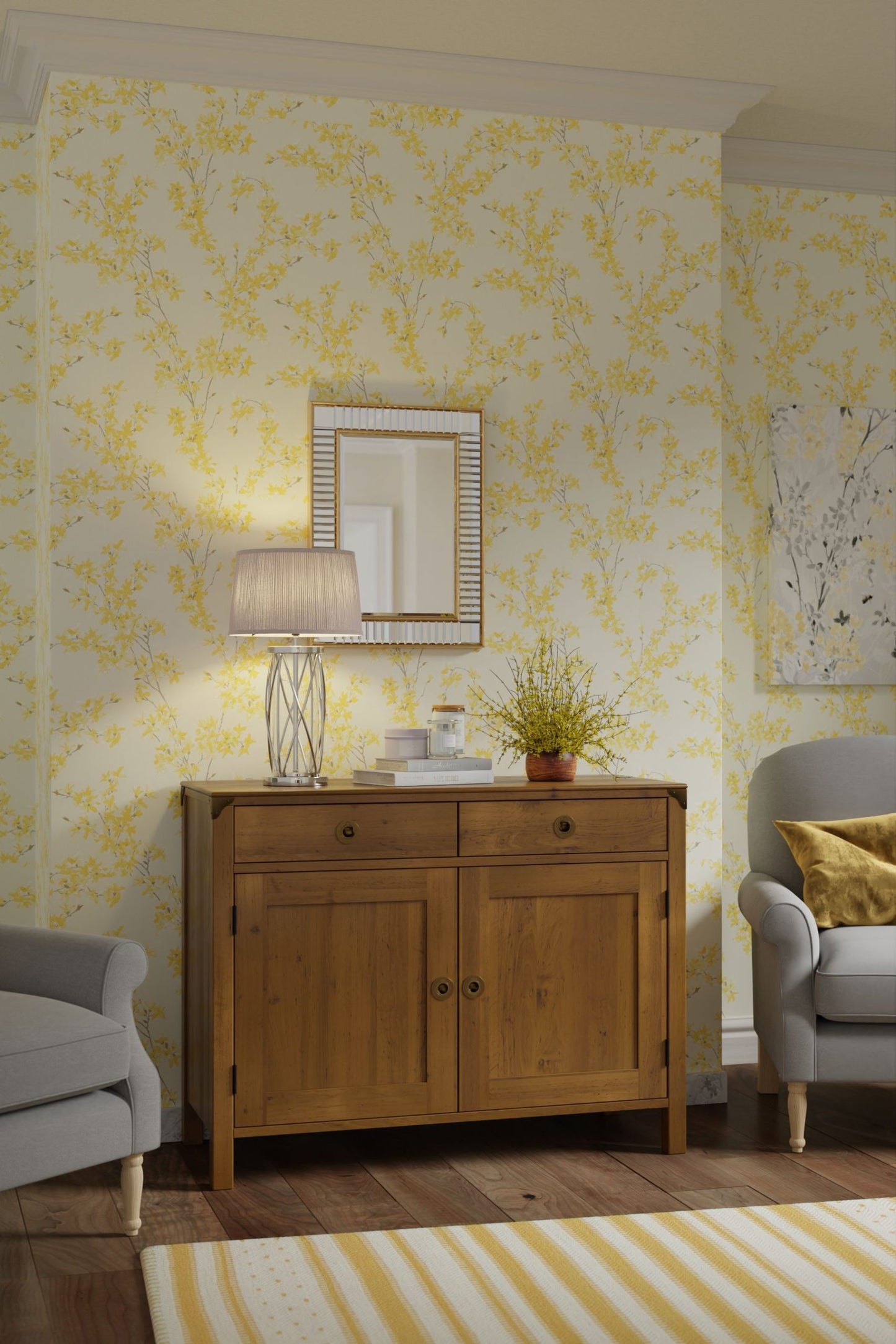 Laura Ashley Balmoral 2 Door 2 Drawer Sideboard in Honey features two top drawers and two cupboard doors with brass handles, the birch wood frame has brass corner bracket details