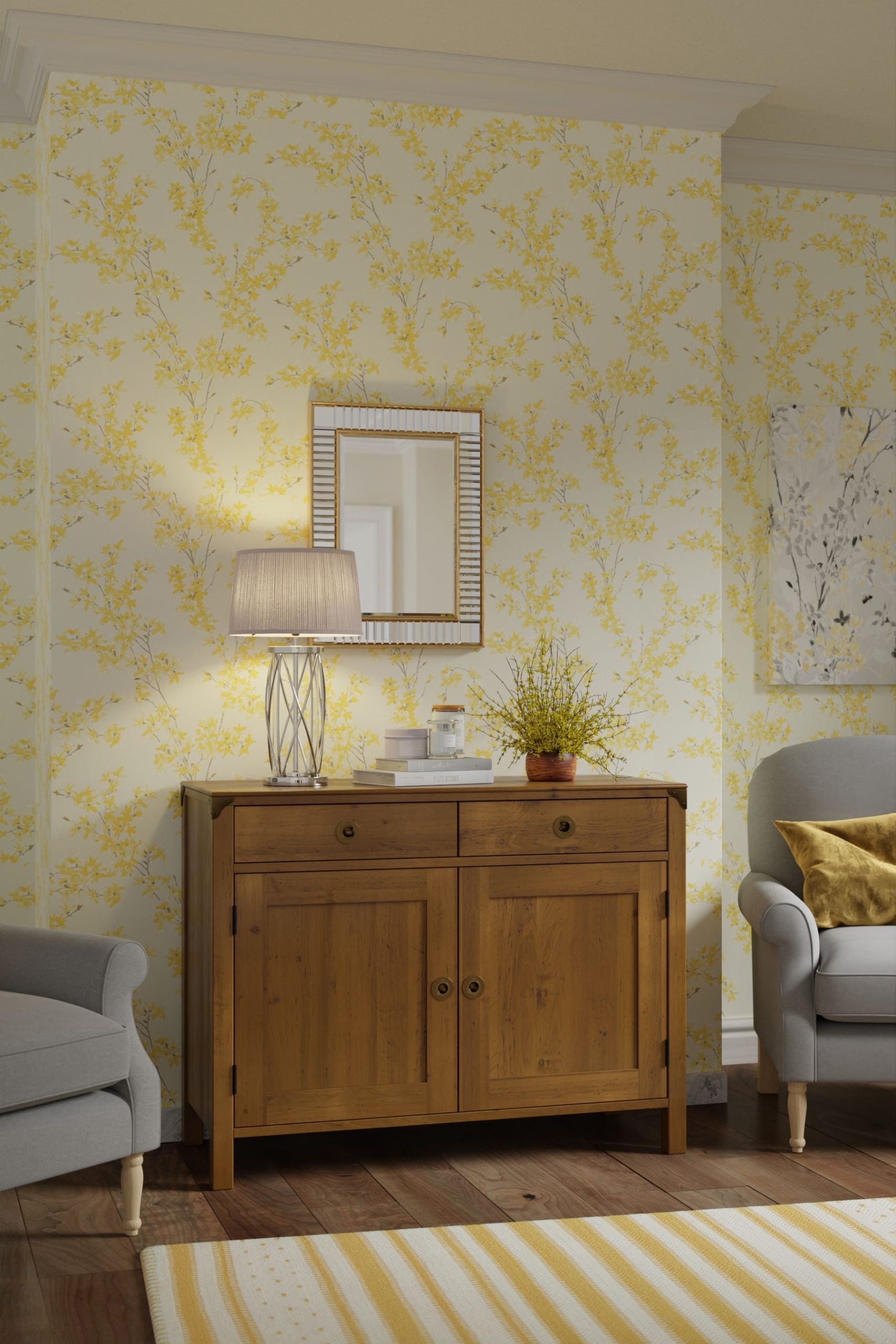 Laura Ashley Balmoral 2 Door 2 Drawer Sideboard in Honey features two top drawers and two cupboard doors with brass handles, the birch wood frame has brass corner bracket details