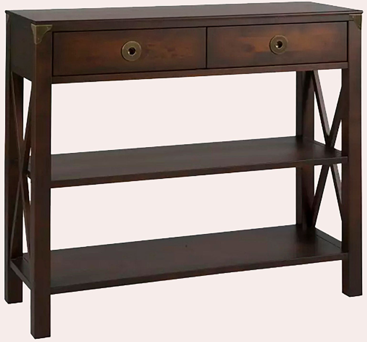 Laura Ashley Balmoral 2 Drawer Console Table in Chestnut birch wood with cross-frame side detailing, 2 drawers with brass handles and 2 open shelves