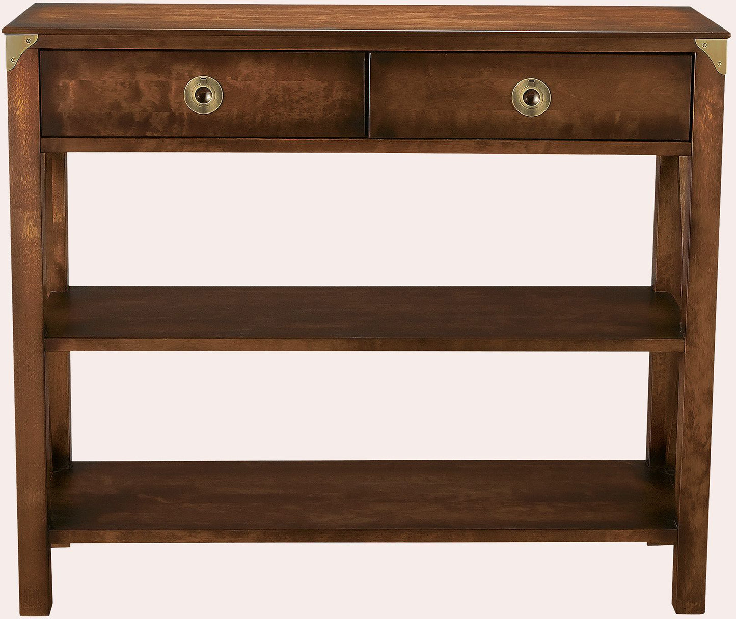 Laura Ashley Balmoral 2 Drawer Console Table in Chestnut birch wood with 2 storage drawers, 2 shelves and brass hardware