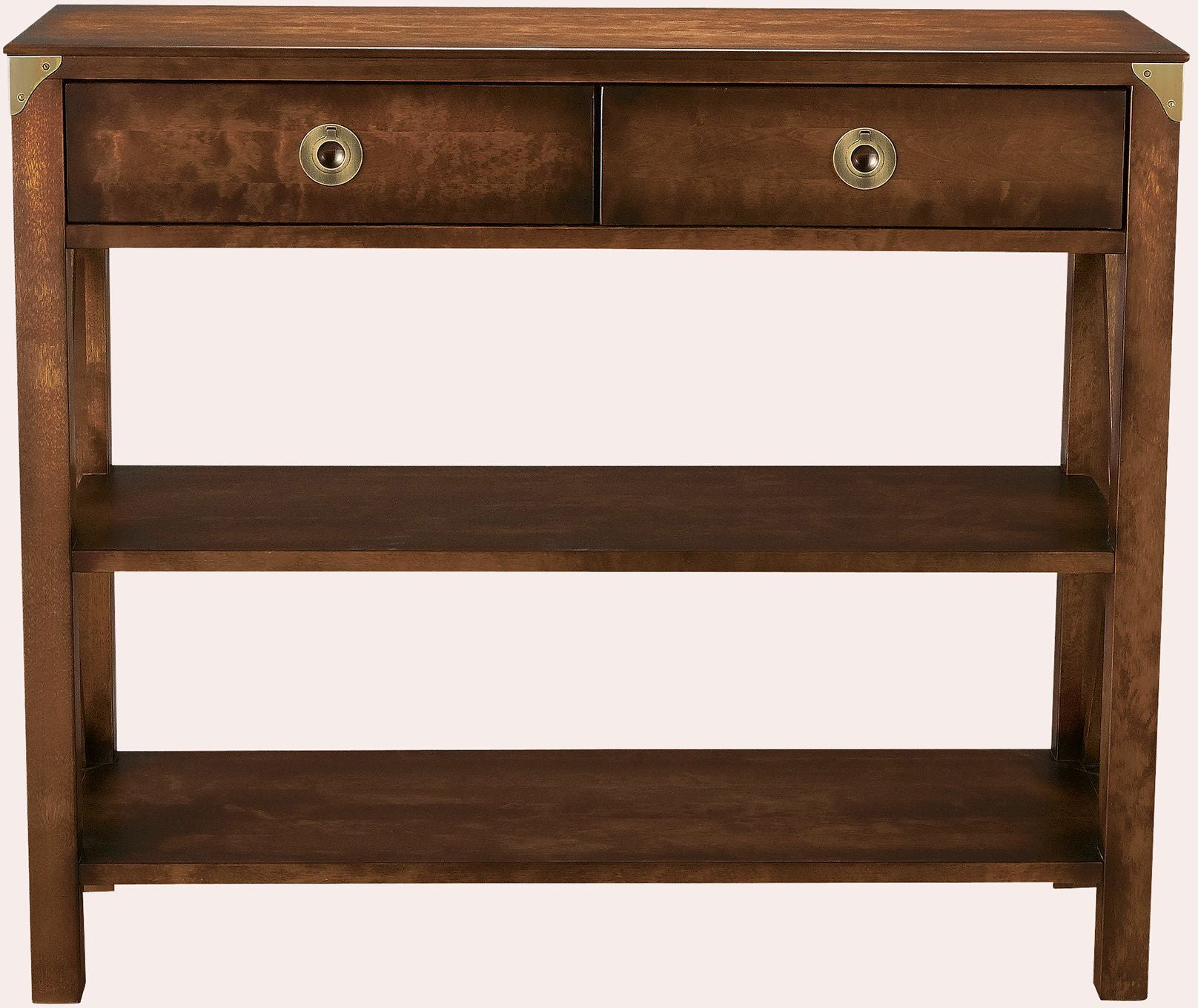 Laura Ashley Balmoral 2 Drawer Console Table in Chestnut birch wood with 2 storage drawers, 2 shelves and brass hardware