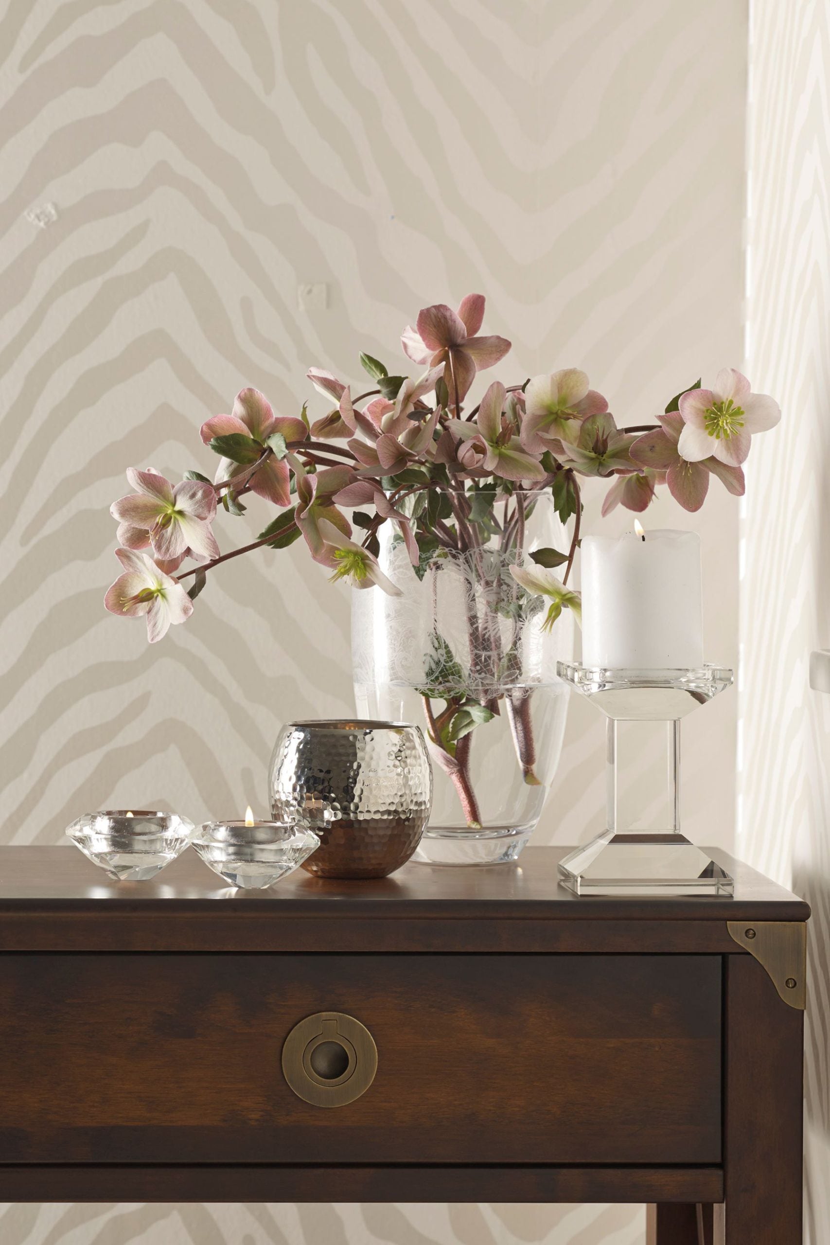 Laura Ashley Balmoral 2 Drawer Console Table in Chestnut features storage drawers, shelves and brass hardware