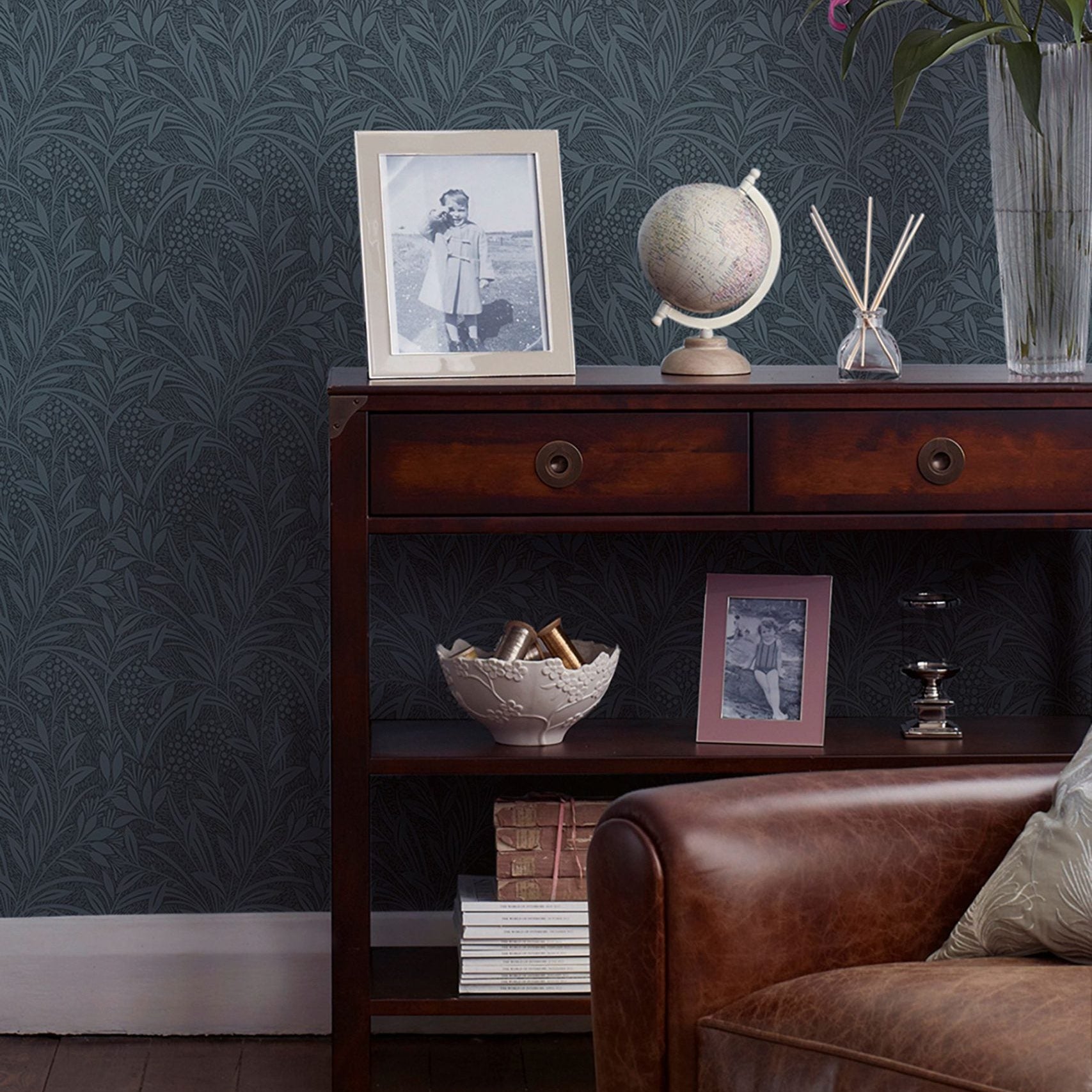 Laura Ashley Balmoral 2 Drawer Console Table in Chestnut birch wood features 2 storage drawers with brass handles, 2 shelves and brass corner brackets on the frame