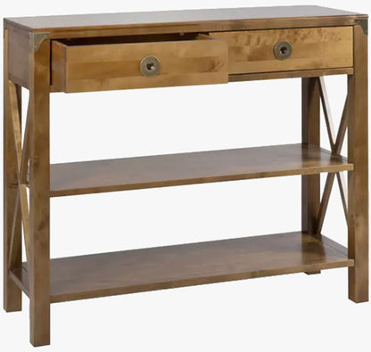 Laura Ashley Balmoral 2 Drawer Console Table in Honey birch wood featuring 2 drawers with brass handles, 2 shelves and cross frame side details