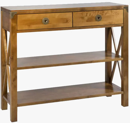 Laura Ashley Balmoral 2 Drawer Console Table in Honey with 2 drawers, 2 shelves, cross-frame side detailing and brass hardware