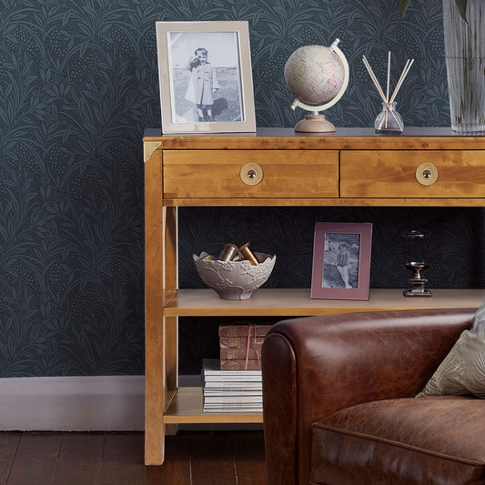 Laura Ashley Balmoral 2 Drawer Console Table in Honey birch wood features 2 storage drawers, 2 shelves and brass effect hardware