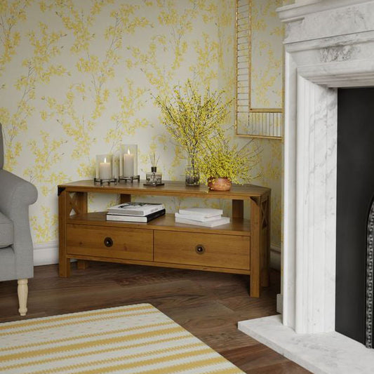 Laura Ashley Balmoral 2 Drawer Corner TV Unit in Honey with 2 storage drawers and large open shelf with easy cable access and cross frame side detailing.