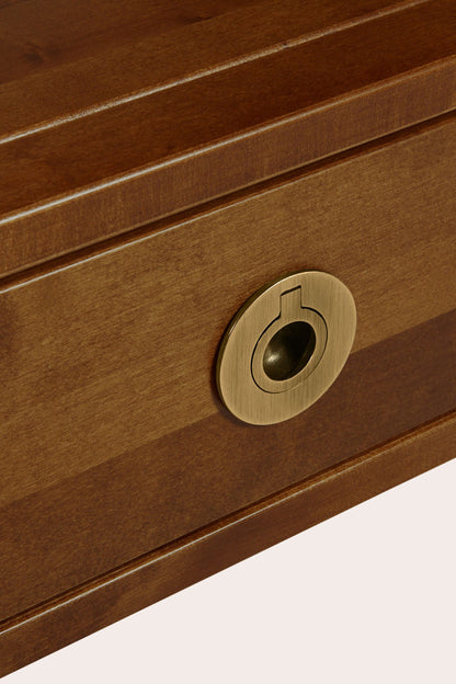 Laura Ashley Balmoral 2 Drawer Single Bookcase in Chestnut coloured birch wood with 4 open shelves and 2 lower drawers with brass handles