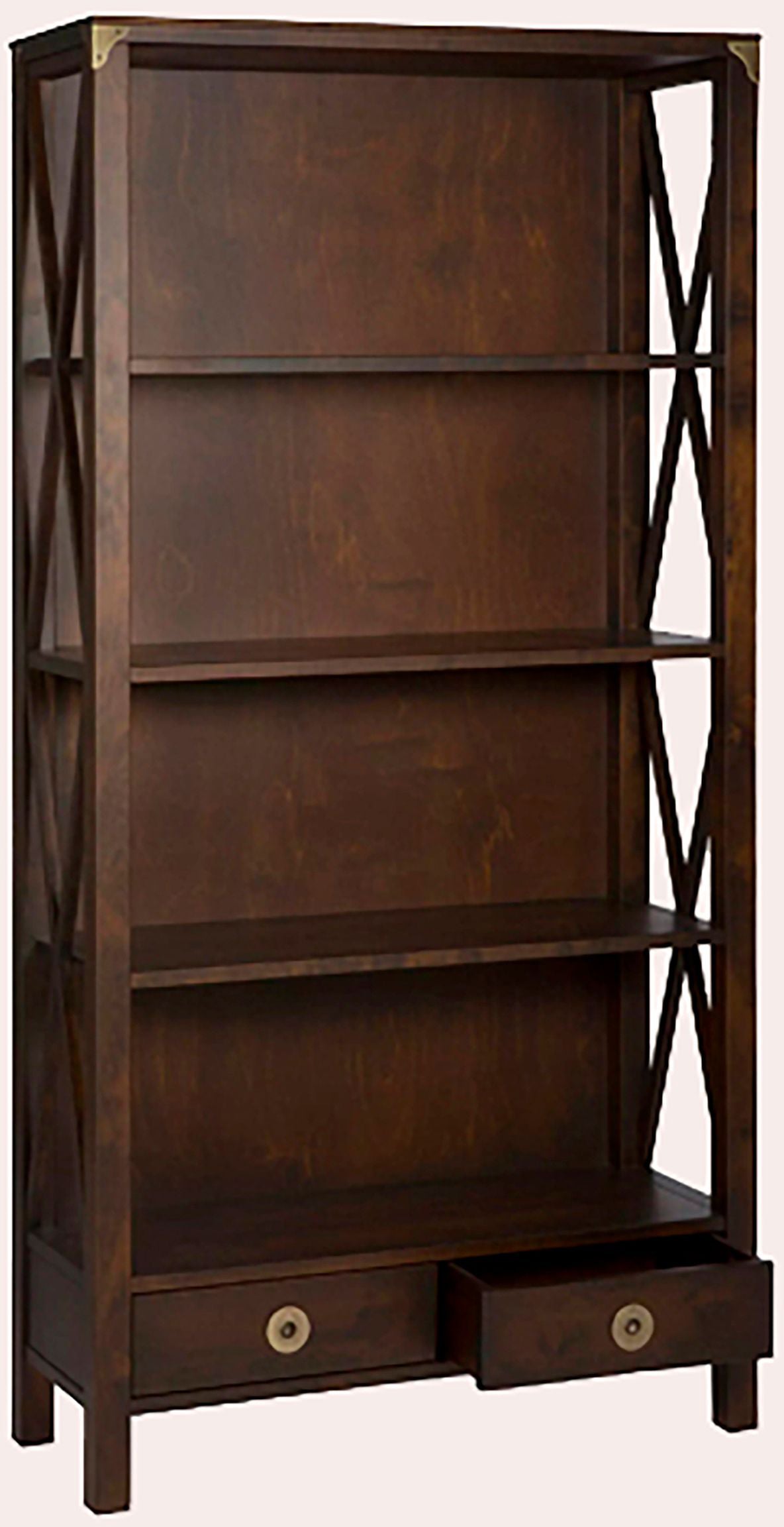Laura Ashley Balmoral 2 Drawer Single Bookcase in Chestnut with cross-frame side detailing, 4 open shelves and 2 lower drawers with brass details