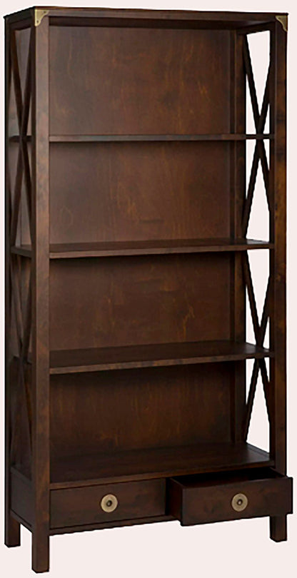 Laura Ashley Balmoral 2 Drawer Single Bookcase in Chestnut with cross-frame side detailing, 4 open shelves and 2 lower drawers with brass details