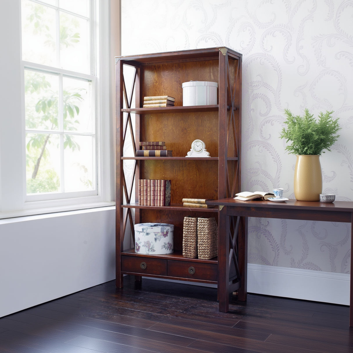 Laura Ashley Balmoral 2 Drawer Single Bookcase in Chestnut coloured birch wood with cross frame detail, 4 open shelves and 2 lower drawers for storage with brass effect handles and corner brackets