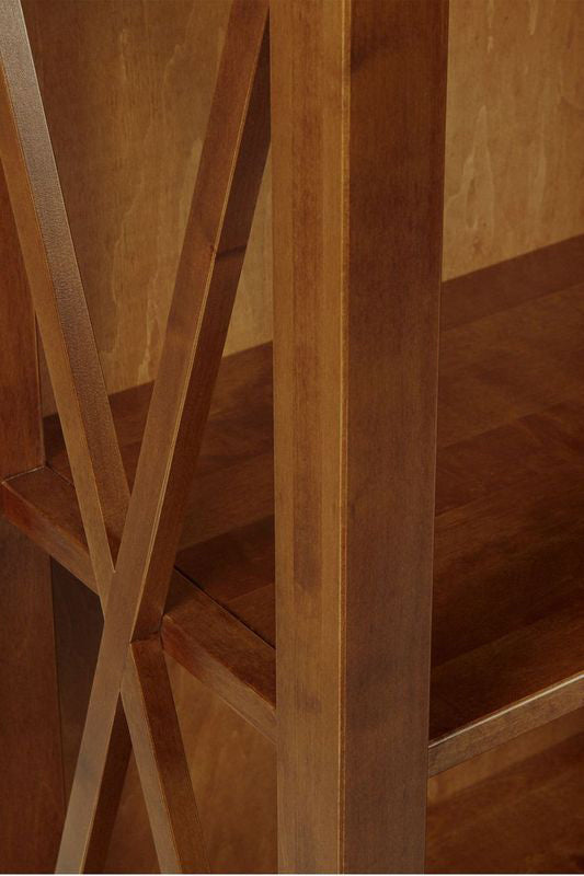 Laura Ashley Balmoral Single wooden Bookcase with deep Chestnut finish featuring four open shelves, cross-frame side detailing and two lower drawers for storage