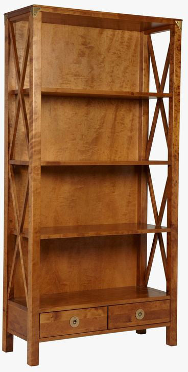 Laura Ashley Balmoral 2 Drawer Single Bookcase in warm honey with cross frame side details, 4 open shelves and 2 lower drawers with brass handles