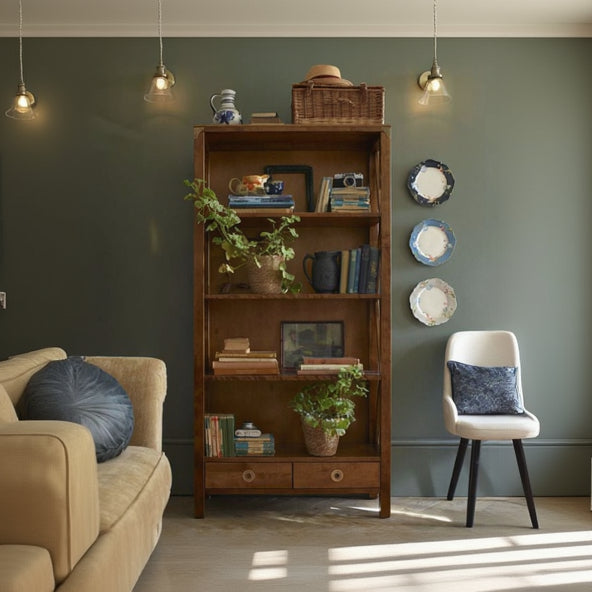 Laura Ashley Balmoral 2 Drawer Single Bookcase in Honey birch wood with 4 deep shelves and 2 drawers with brass handles