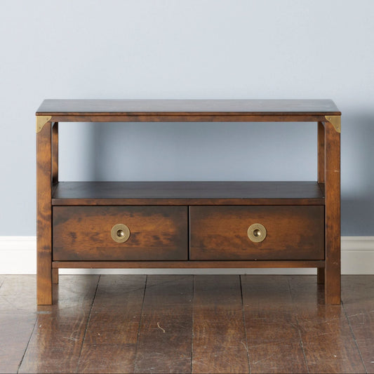 Laura Ashley Balmoral 2 Drawer TV Unit in Chestnut birch wood with 2 spacious storage drawers, an open shelf and brass hardware