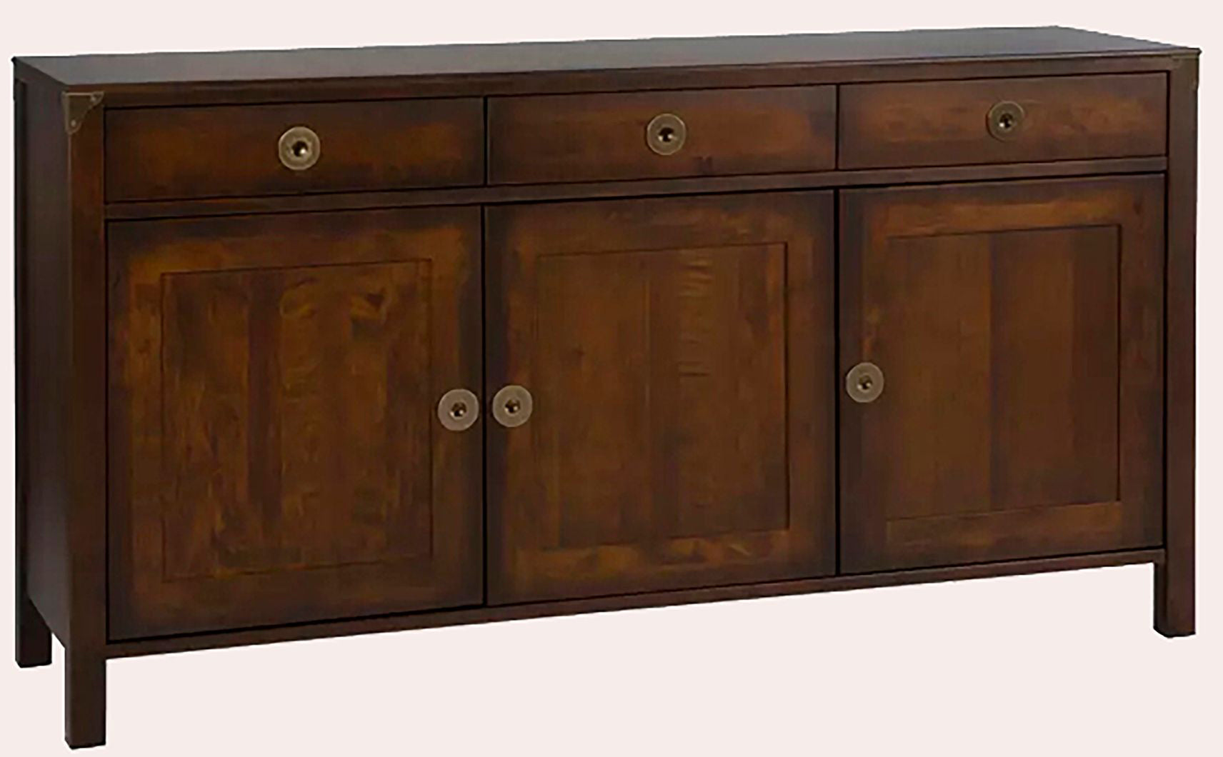 Laura Ashley Balmoral 3 Door 3 Drawer Sideboard in deep Chestnut birch wood features internal shelving, brass handles and corner brackets