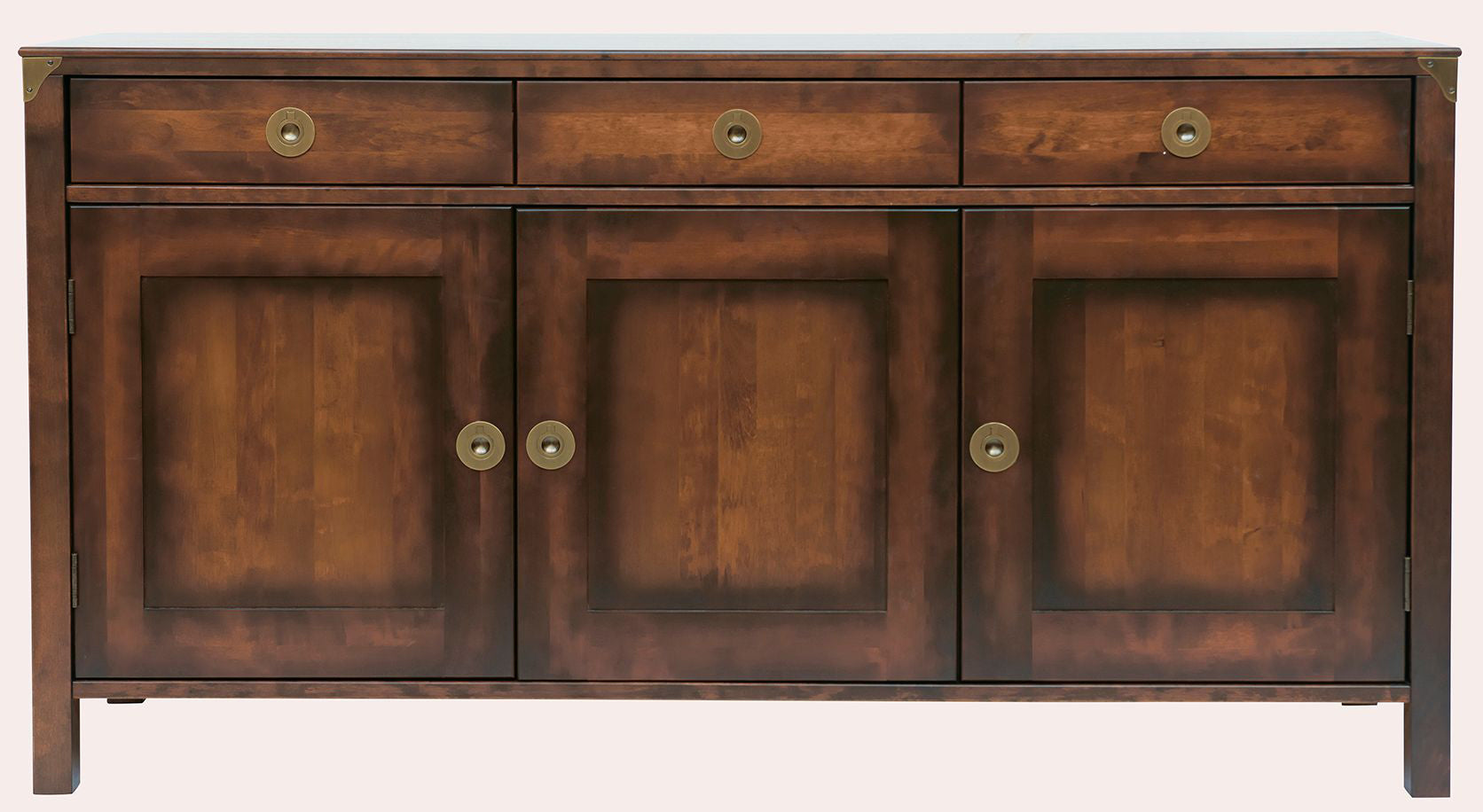 Laura Ashley Balmoral 3 Door 3 Drawer Sideboard in Chestnut birch wood features 3 top drawers and 3 cupboards with shelving, complemented by brass hardware