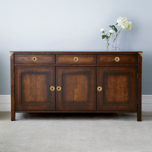 Laura Ashley Balmoral 3 Door 3 Drawer Sideboard in Chestnut birch wood with drawer and cupboard storage and complemented by brass effect hardware