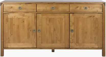 Laura Ashley Balmoral 3 Door 3 Drawer Sideboard in Honey birch wood has 3 storage drawers and 3 cabinet doors with brass handles
