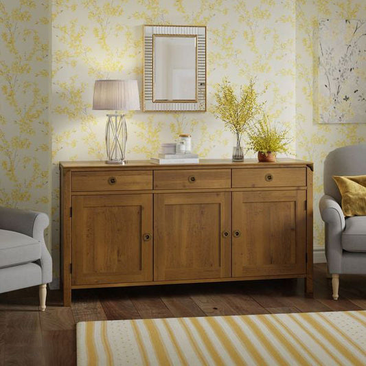 Laura Ashley Balmoral 3 Door 3 Drawer Sideboard in Honey birch wood features cabinet space with internal shelving plus 3 storage drawers, with brass hardware