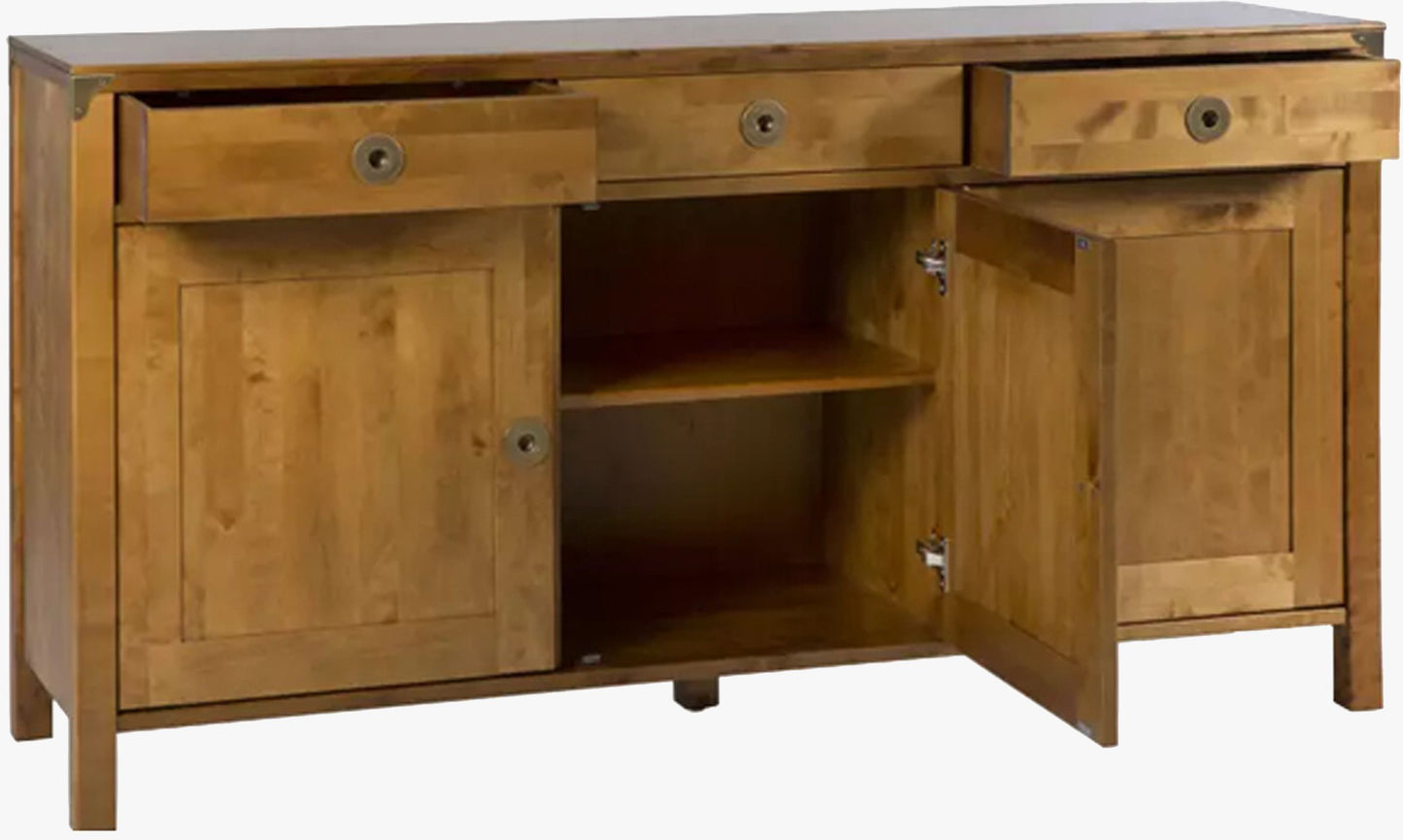 Laura Ashley Balmoral 3 Door 3 Drawer Sideboard in Honey birch wood with 3 storage drawers and 3 cabinet doors with internal shelving, and is complemented by brass effect hardware