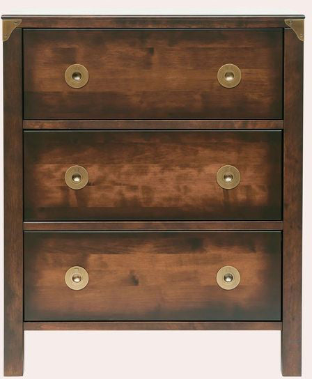 Laura Ashley Balmoral 3 Drawer Chest in a deep Chestnut coloured birch wood with antique brass effect handles and corner bracket details
