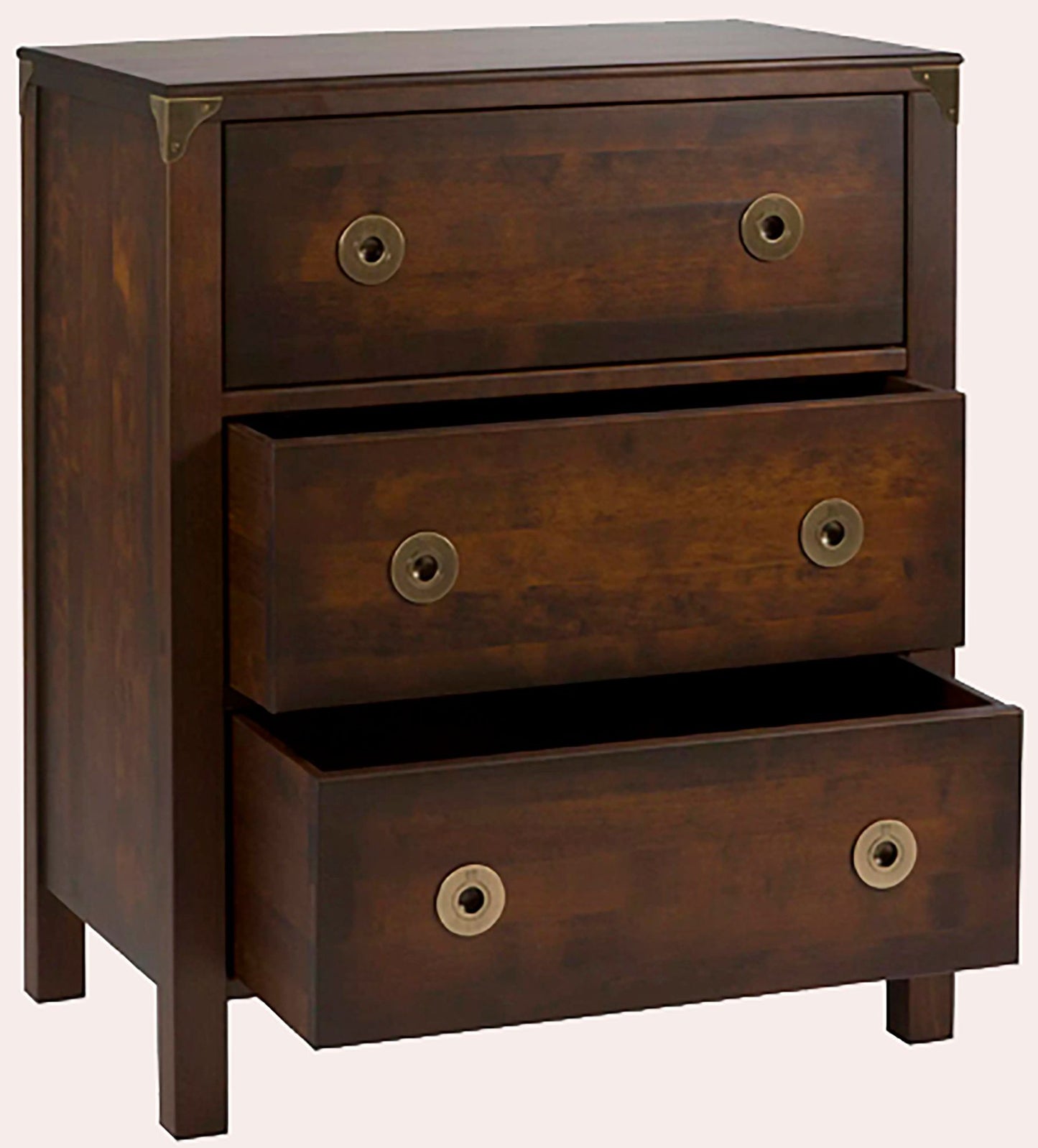 Laura Ashley Balmoral 3 Drawer Chest in Chestnut coloured birch wood with brass corner details and 3 drawers with brass handles