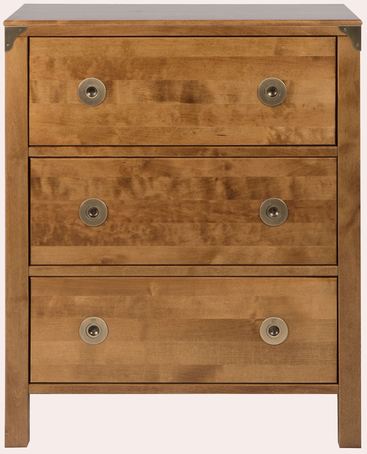 Laura Ashley Balmoral 3 Drawer Chest crafted from Honey coloured birch wood with distinctive brass effect handles and corner brackets 