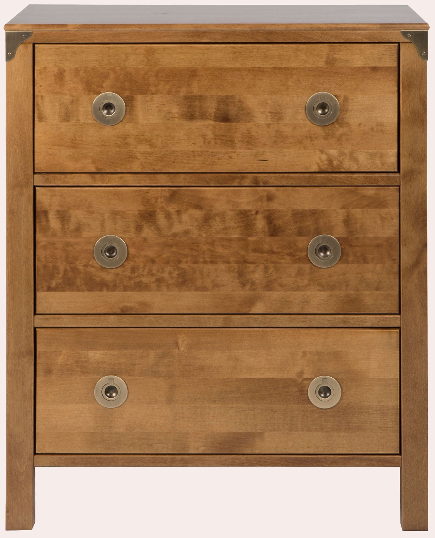 Laura Ashley Balmoral 3 Drawer Chest crafted from Honey coloured birch wood with distinctive brass effect handles and corner brackets 