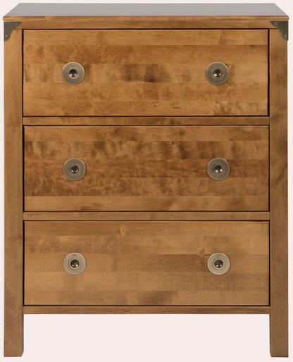 Laura Ashley Balmoral 3 Drawer Chest crafted from Honey coloured birch wood with distinctive brass effect handles and corner brackets 