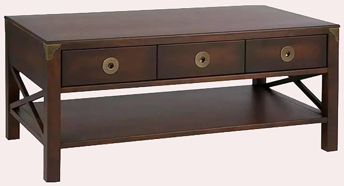 Laura Ashley Balmoral 3 Drawer Coffee Table in Chestnut birch wood features 3 storage drawers with brass handles, an underneath shelf and cross-frame side detailing