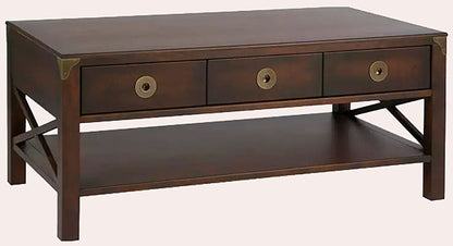 Laura Ashley Balmoral 3 Drawer Coffee Table in Chestnut birch wood features 3 storage drawers with brass handles, an underneath shelf and cross-frame side detailing