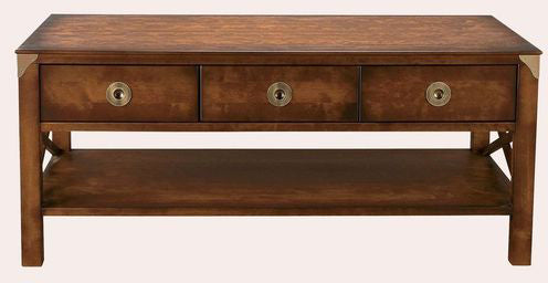 Laura Ashley Balmoral 3 Drawer Coffee Table in deep Chestnut coloured birch wood features 3 storage drawers and shelf with brass hardware