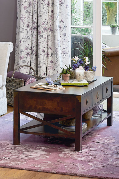 Laura Ashley Balmoral 3 Drawer Coffee Table in Chestnut with cross-frame side details, 3 storage drawers and an underneath shelf 