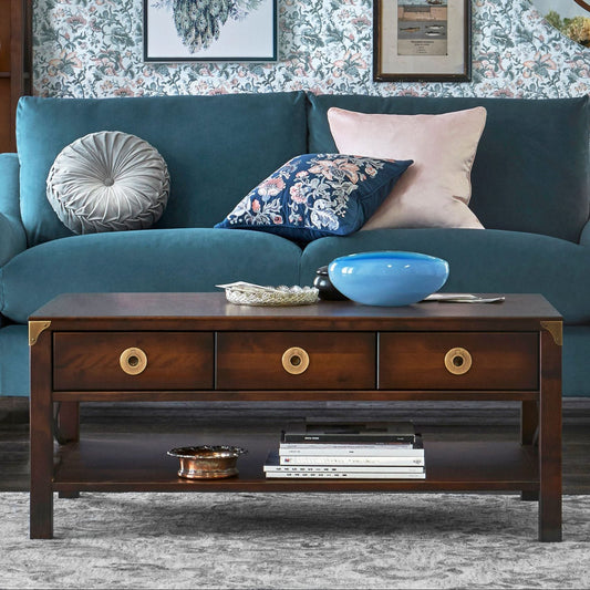 Laura Ashley Balmoral 3 Drawer Coffee Table in Chestnut birch wood with 3 storage drawers, an underneath shelf space, complemented by brass hardware