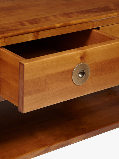 Laura Ashley Balmoral 3 Drawer Coffee Table in Honey features storage drawers and shelf underneath with brass effect handles